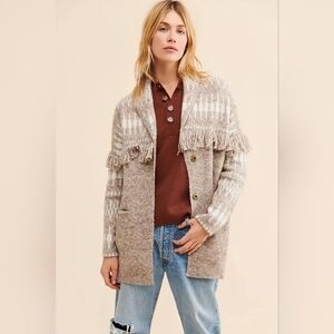 Free People Heartloom Shania Cardigan Women's Beige Aztec Fringed Western, Sz S